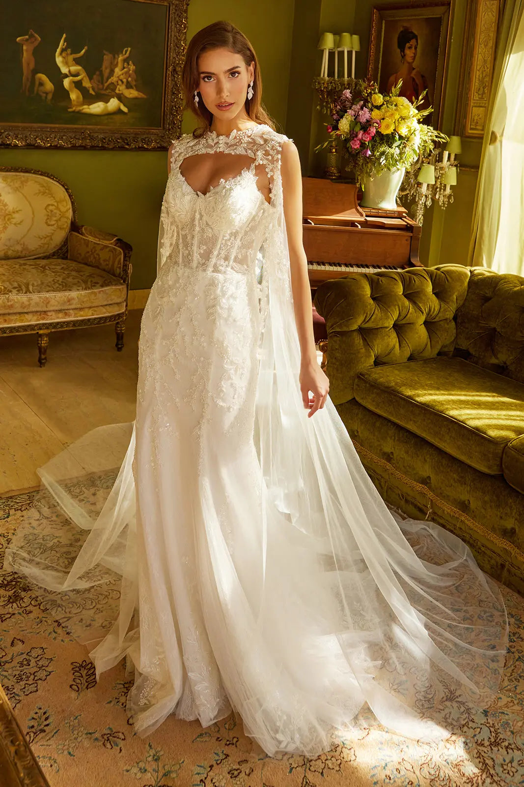 Wedding Dress With Corset, V-Neck And Bodice With Thin Straps, Trumpet Cut