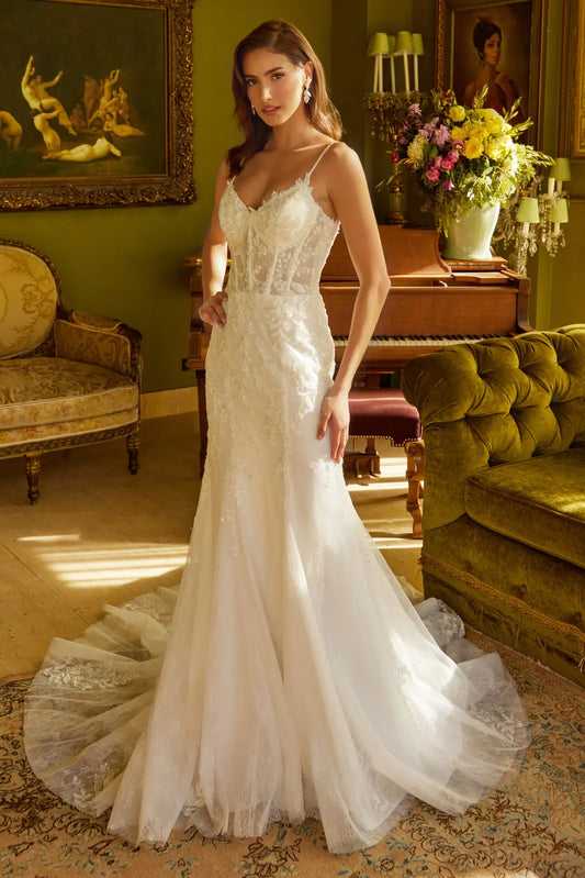 Wedding Dress With Corset, V-Neck And Bodice With Thin Straps, Trumpet Cut