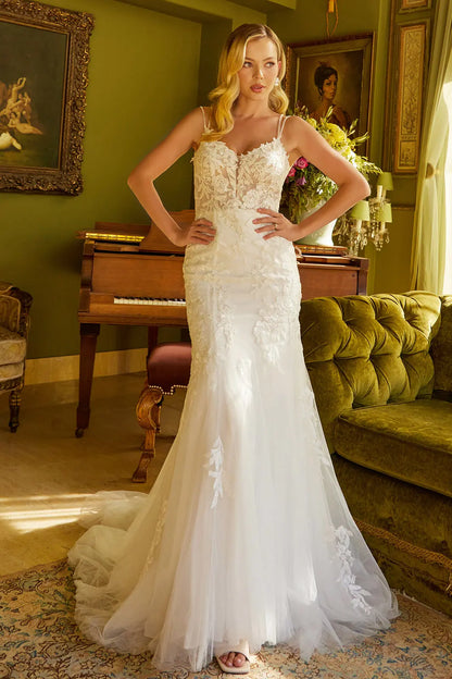 Trumpet silhouette wedding dress with sequin embroidery and thin beaded straps