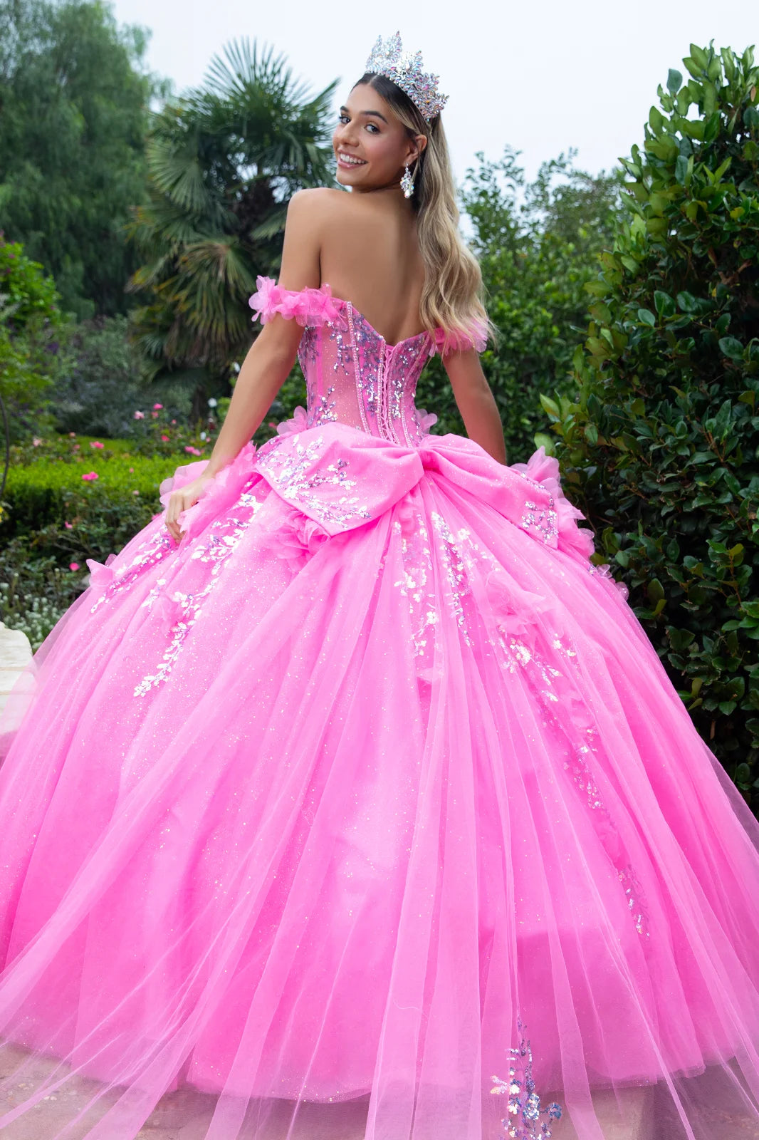 3d Flower Applique Sequin Embellished Bejeweled Corset With Detachable Back Bow Train