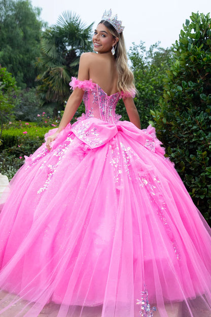 3d Flower Applique Sequin Embellished Bejeweled Corset With Detachable Back Bow Train