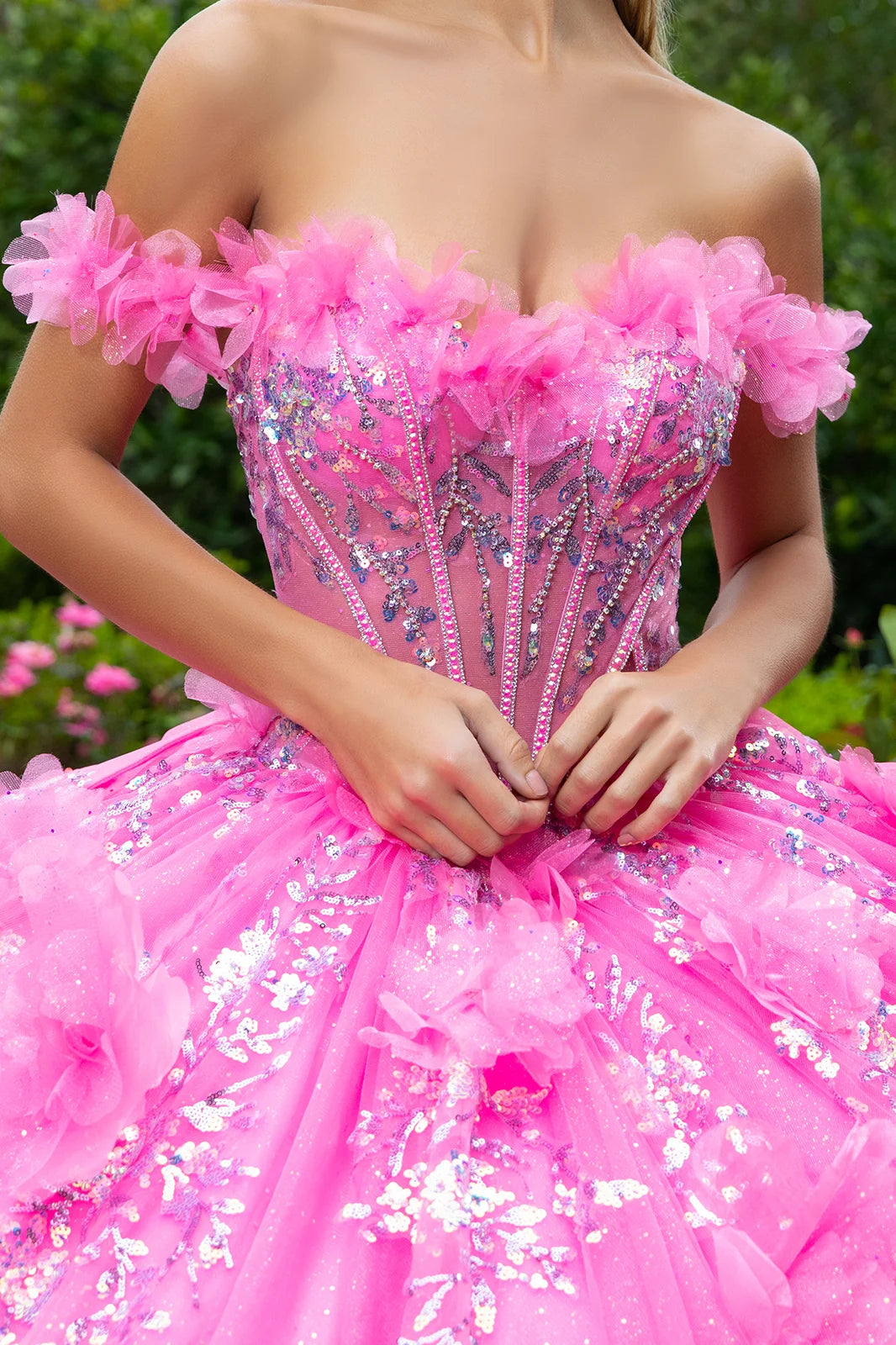 3d Flower Applique Sequin Embellished Bejeweled Corset With Detachable Back Bow Train