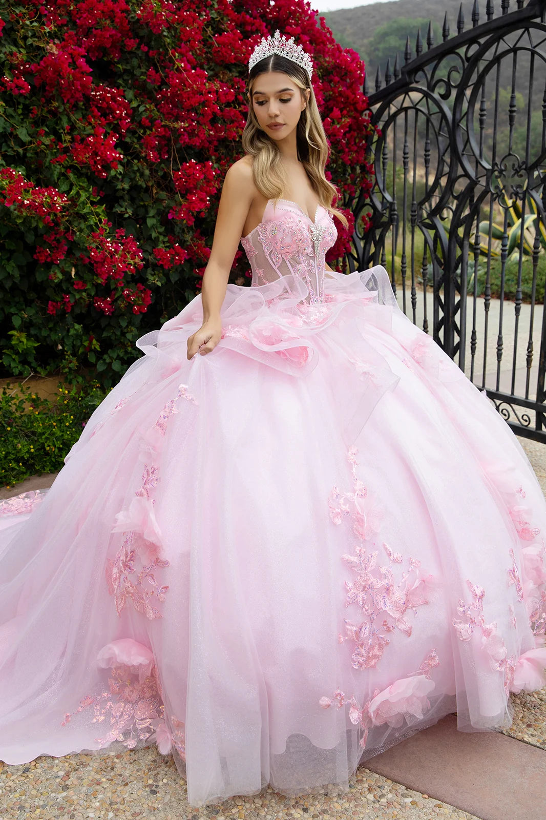 3d Flower Applique Embellished Waist Ruffle Train With Detachable Back Bow