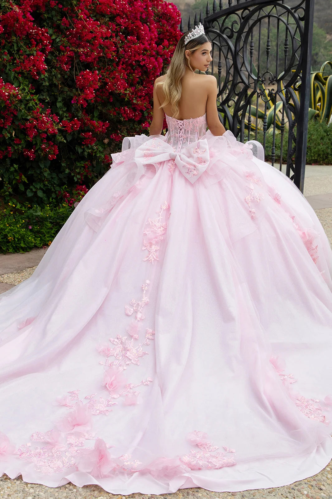 3d Flower Applique Embellished Waist Ruffle Train With Detachable Back Bow