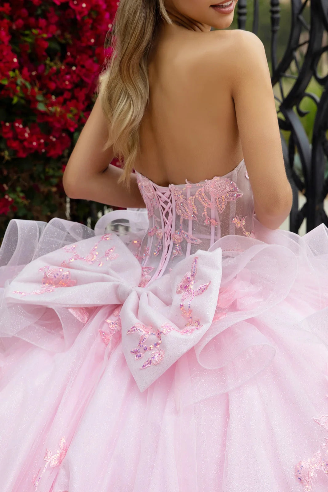 3d Flower Applique Embellished Waist Ruffle Train With Detachable Back Bow