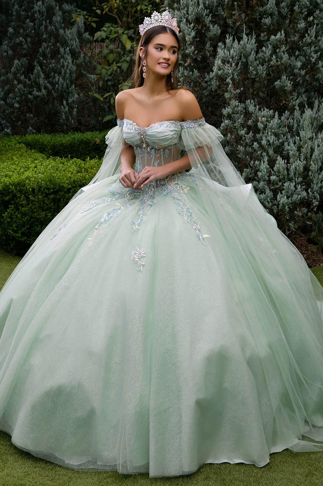 Cape Sleeve Embellished Dress With Back Ruffle And Detachable Back Bow