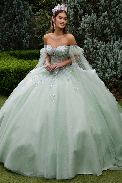 Cape Sleeve Embellished Dress With Back Ruffle And Detachable Back Bow