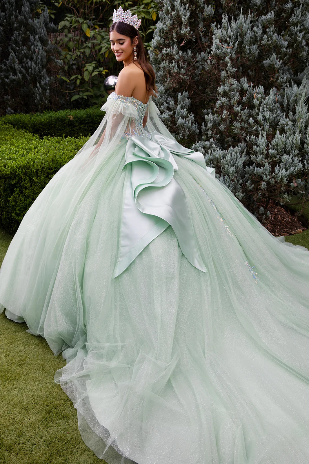 Cape Sleeve Embellished Dress With Back Ruffle And Detachable Back Bow