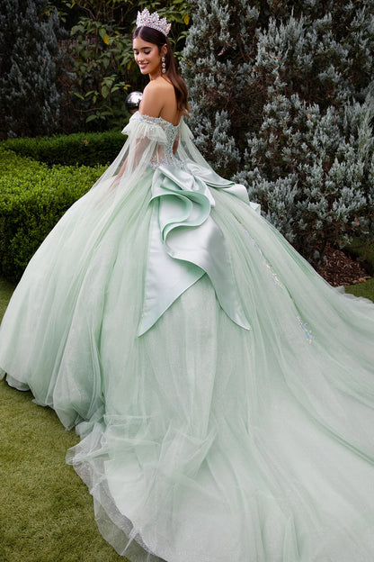 Cape Sleeve Embellished Dress With Back Ruffle And Detachable Back Bow