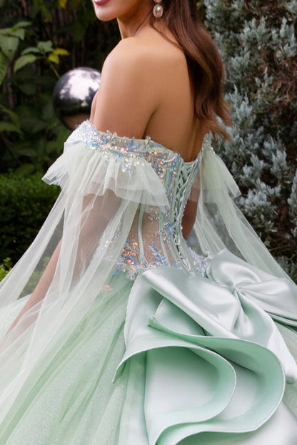 Cape Sleeve Embellished Dress With Back Ruffle And Detachable Back Bow