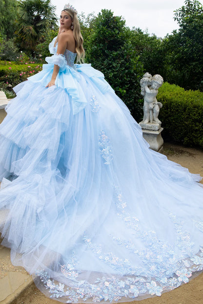 Embroidered Jewel Embellished Corset Train Dress With Layered Side Ruffle Detached Puff Sleeve