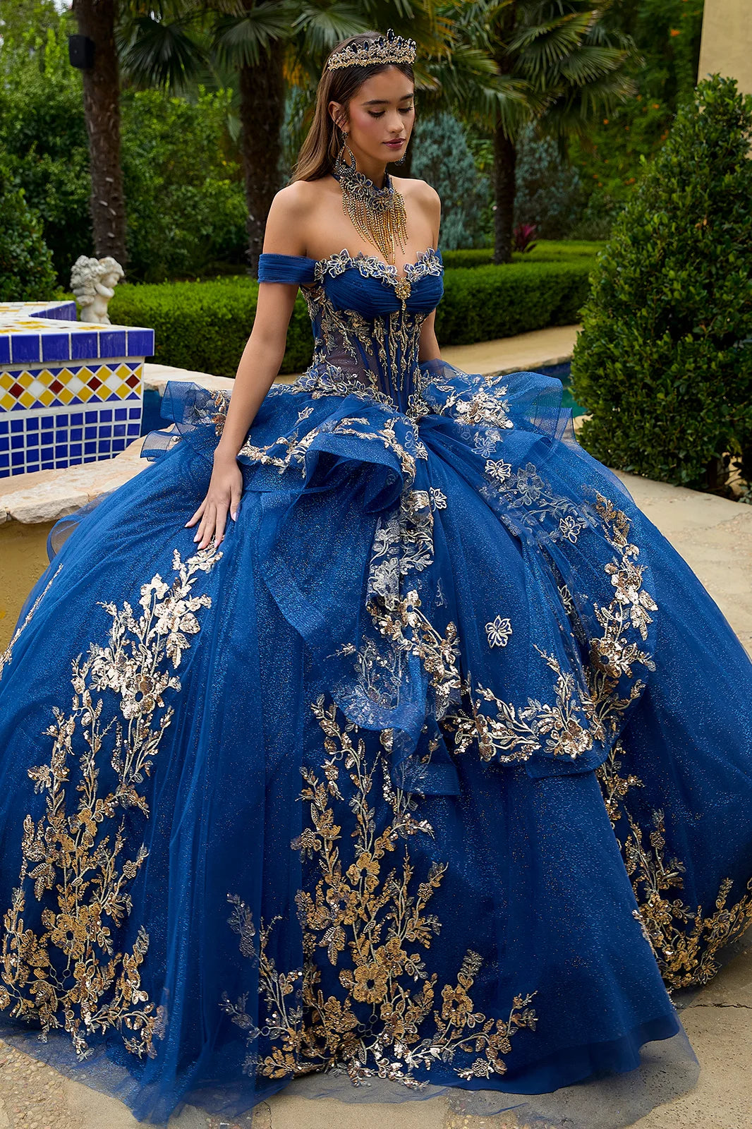 Embellished Off Shoulder Corset Layered Ruffle Train Dress With Matching Jewel Fringe Choker