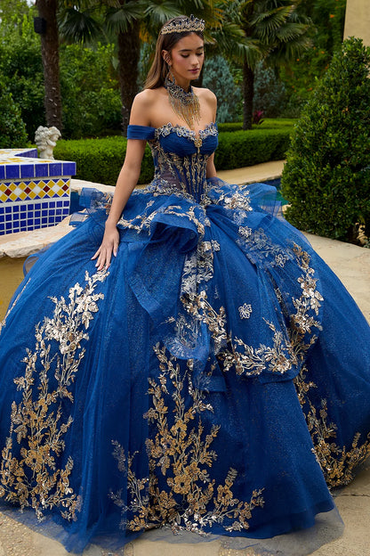 Embellished Off Shoulder Corset Layered Ruffle Train Dress With Matching Jewel Fringe Choker