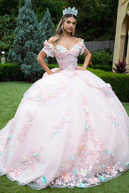3d Flower Applique Embellished Train Dress With Waist Ruffle Detachable Back Bow