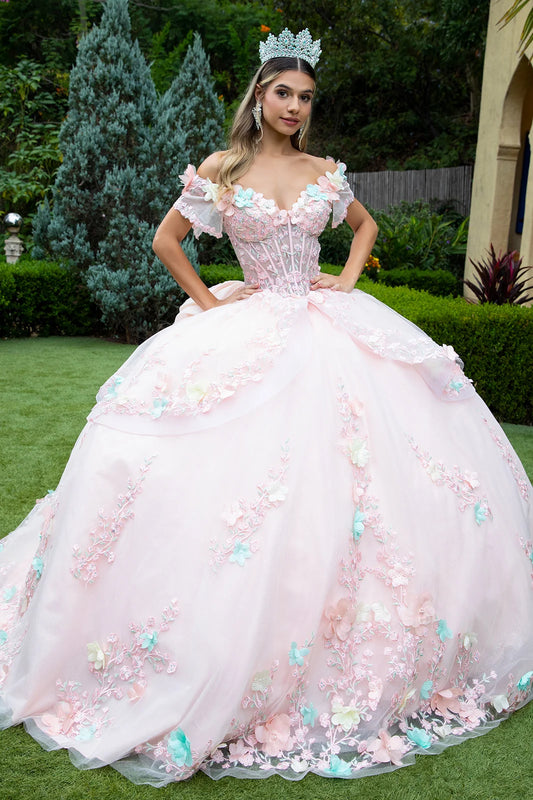 3d Flower Applique Embellished Train Dress With Waist Ruffle Detachable Back Bow