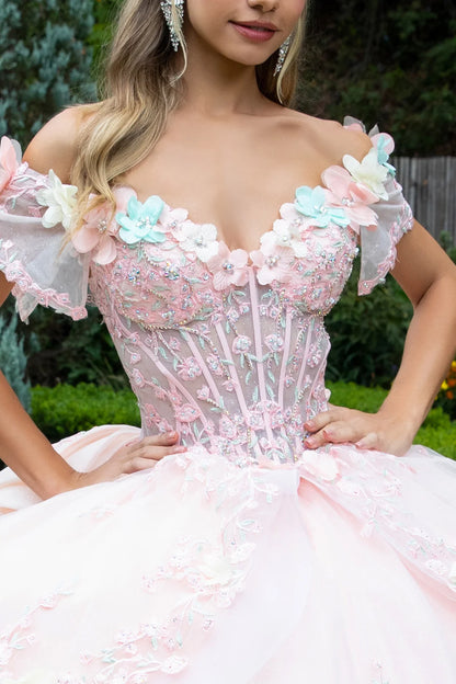 3d Flower Applique Embellished Train Dress With Waist Ruffle Detachable Back Bow