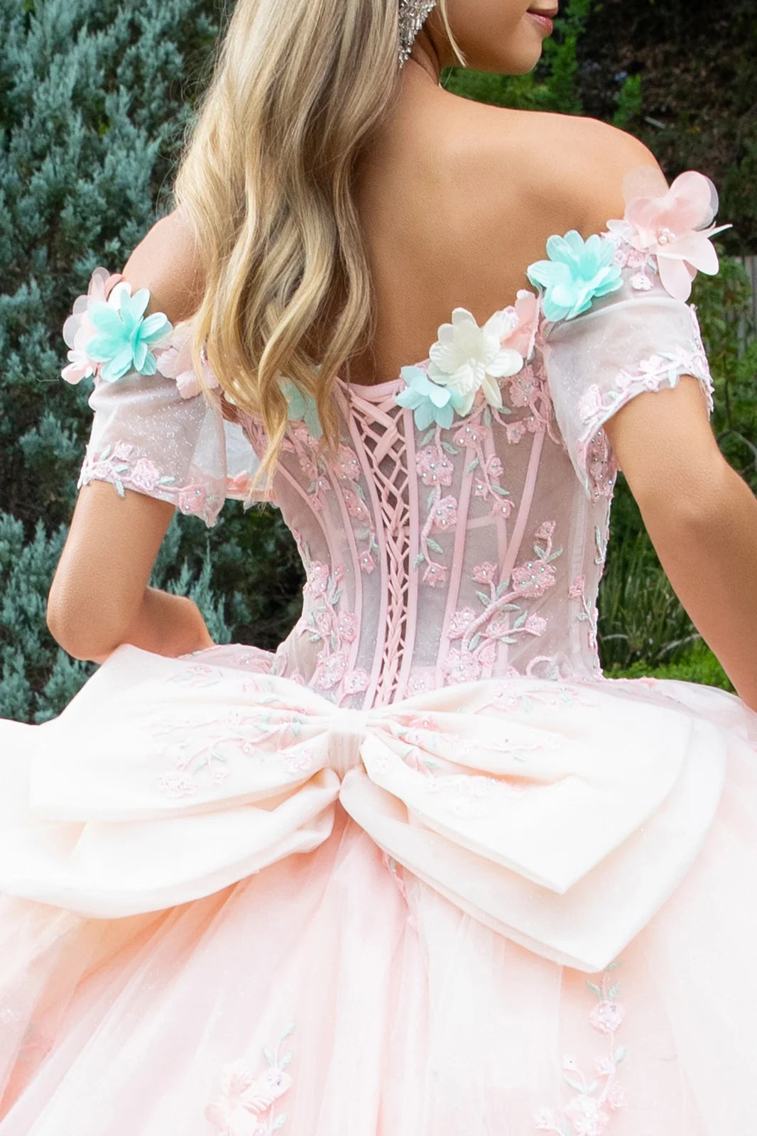 3d Flower Applique Embellished Train Dress With Waist Ruffle Detachable Back Bow