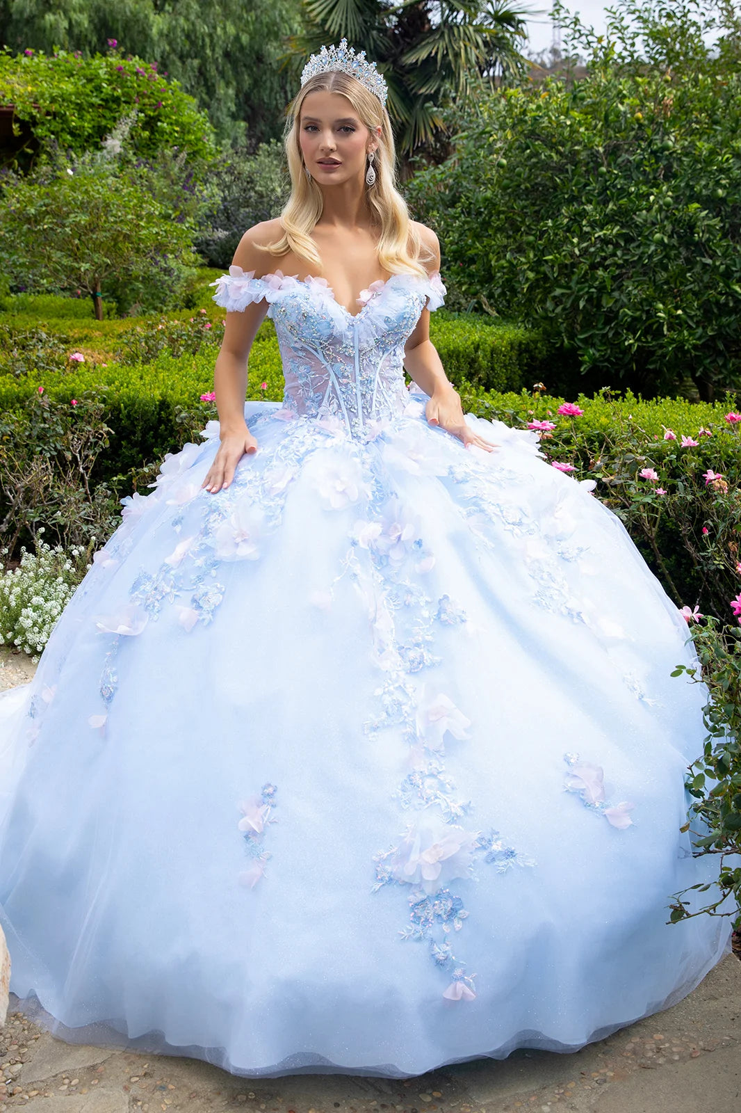 3d Organza Flower Applique Embellished Double Off Shoulder Strap Corset With Detachable Back Bow
