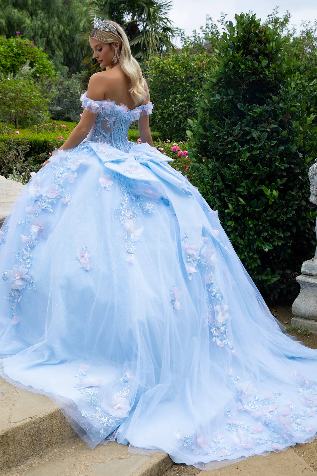 3d Organza Flower Applique Embellished Double Off Shoulder Strap Corset With Detachable Back Bow