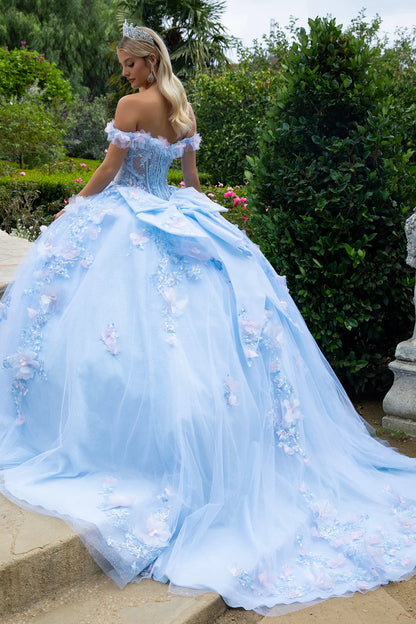 3d Organza Flower Applique Embellished Double Off Shoulder Strap Corset With Detachable Back Bow