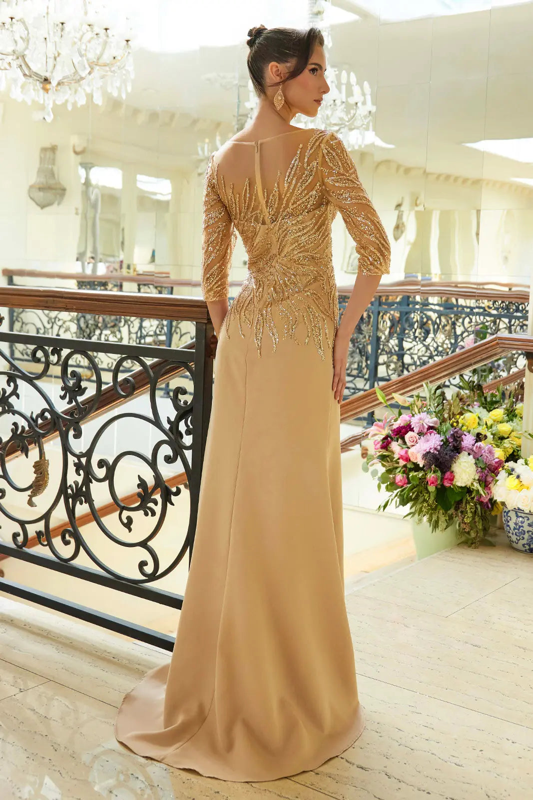 Sequin Embellished V Neck Mother Of Bride Gown With A Leg Slit