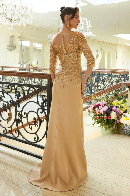 Sequin Embellished V Neck Mother Of Bride Gown With A Leg Slit