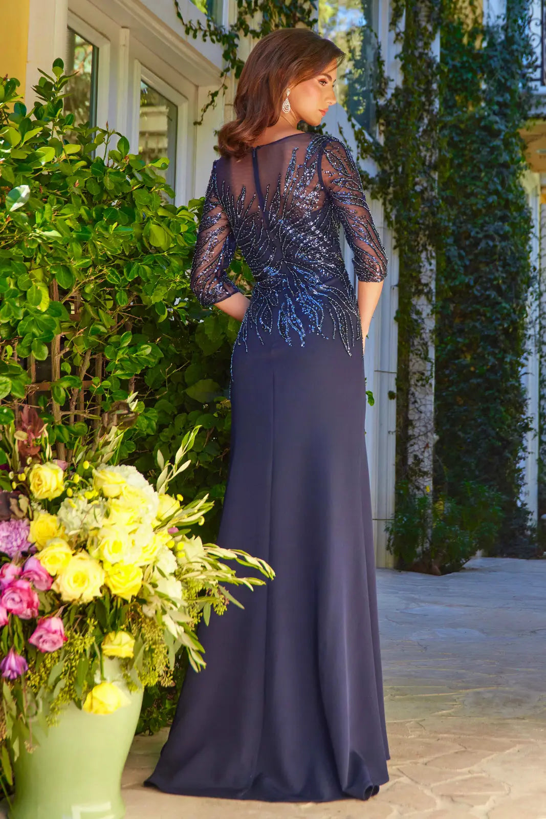 Sequin Embellished V Neck Mother Of Bride Gown With A Leg Slit