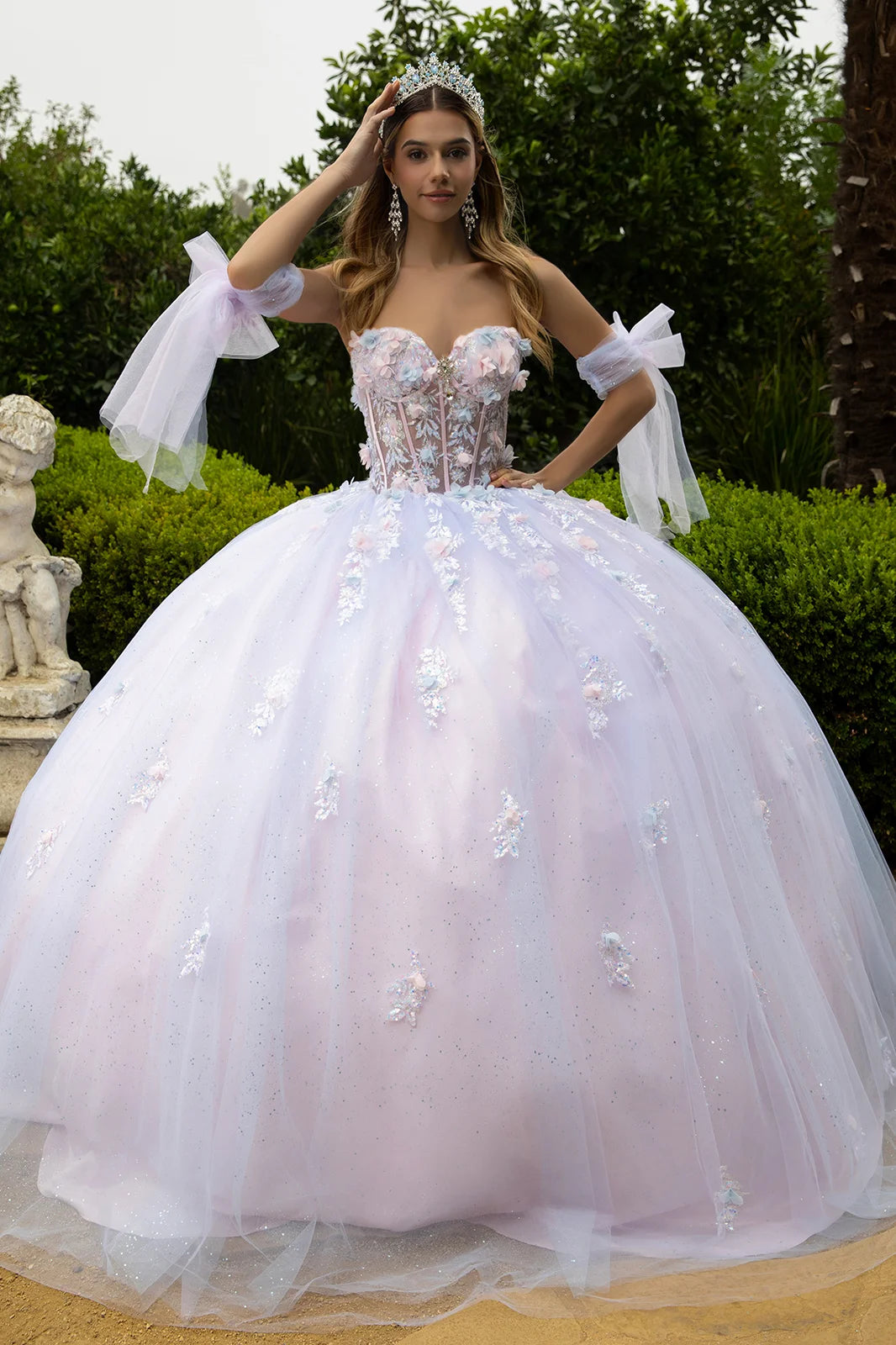 3d Flower Applique Embellished Train Dress With Detached Off Shoulder Straps