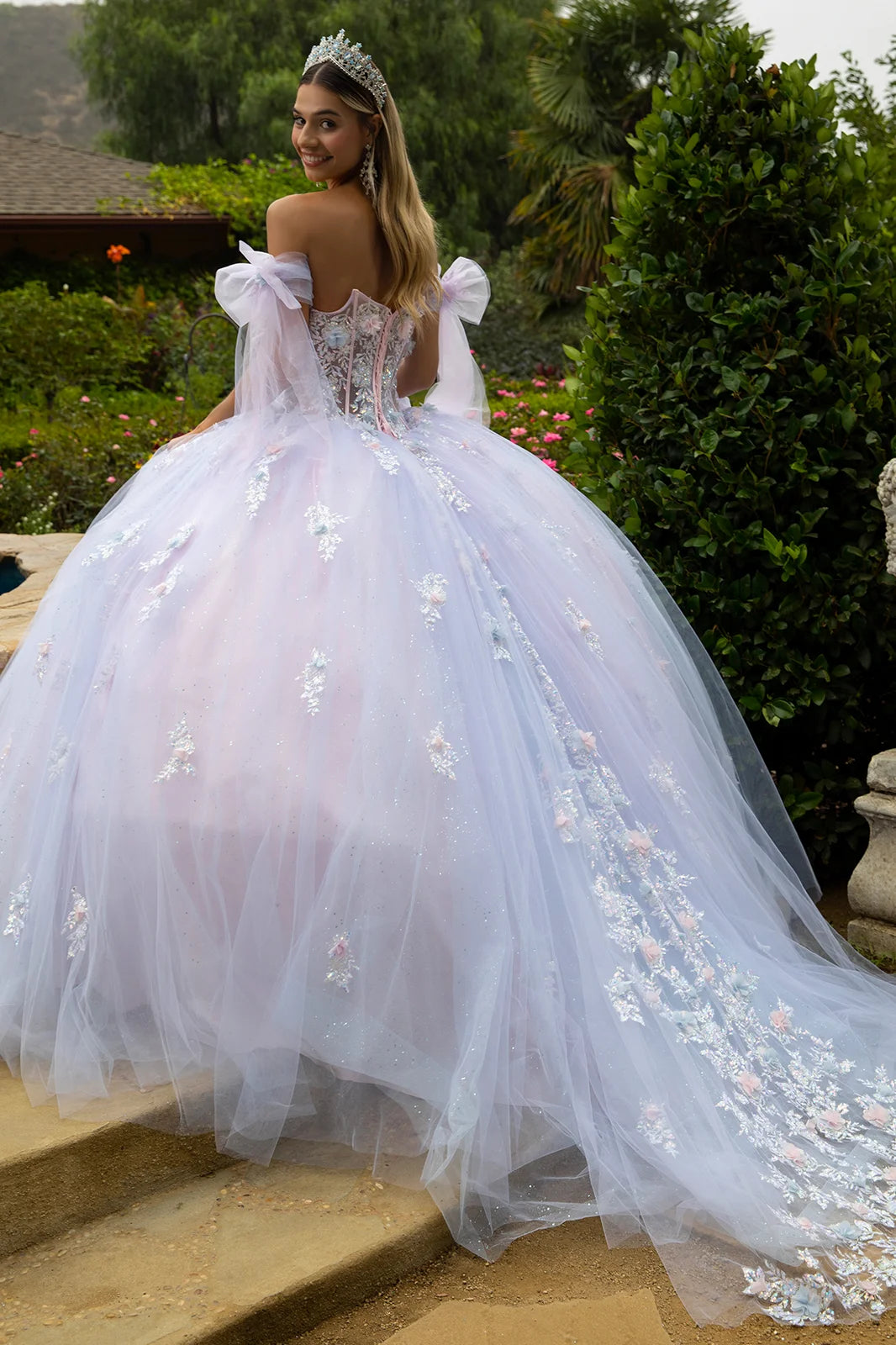 3d Flower Applique Embellished Train Dress With Detached Off Shoulder Straps