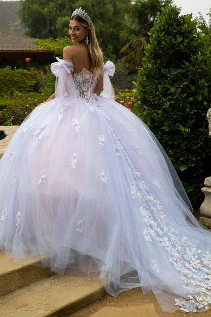 3d Flower Applique Embellished Train Dress With Detached Off Shoulder Straps