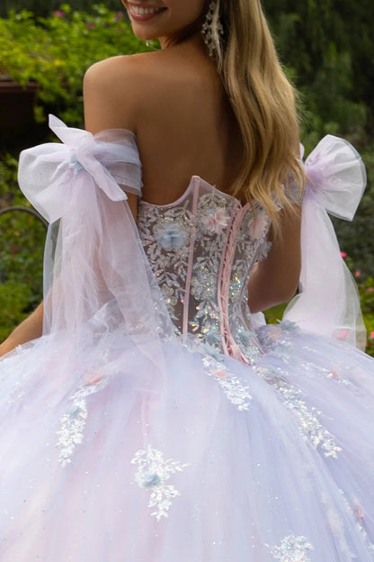 3d Flower Applique Embellished Train Dress With Detached Off Shoulder Straps