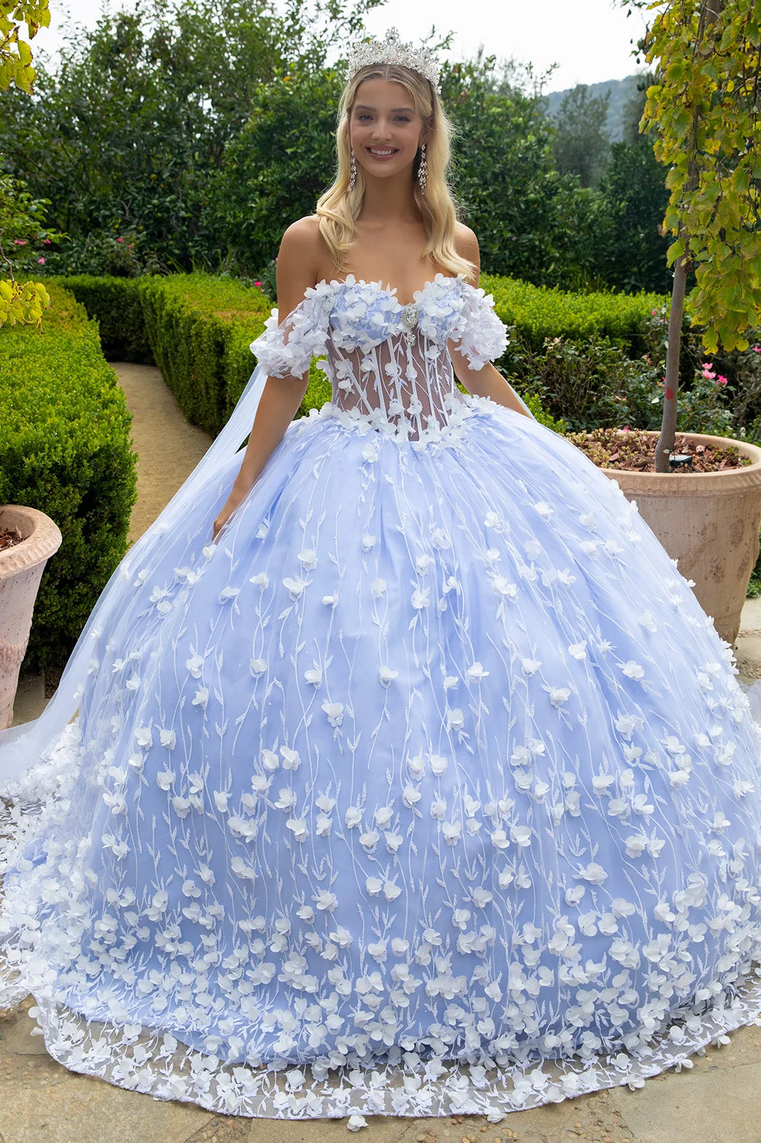 3d Flower Applique Sequin Glitter Embellished Corset Off Shoulder With Watteau Train
