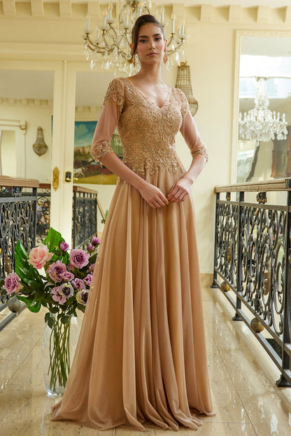 Embellished 3 4 Sleeve Illusion V Neck Mesh Bodice With Metallic Skirt Dress