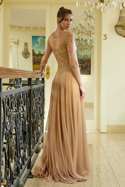 Embellished 3 4 Sleeve Illusion V Neck Mesh Bodice With Metallic Skirt Dress