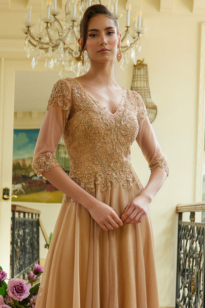 Embellished 3 4 Sleeve Illusion V Neck Mesh Bodice With Metallic Skirt Dress
