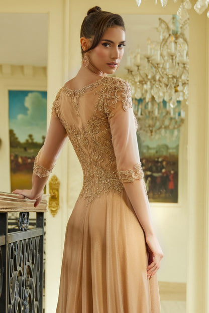 Embellished 3 4 Sleeve Illusion V Neck Mesh Bodice With Metallic Skirt Dress