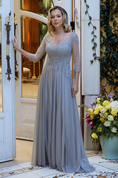 Embellished 3 4 Sleeve Illusion V Neck Mesh Bodice With Metallic Skirt Dress