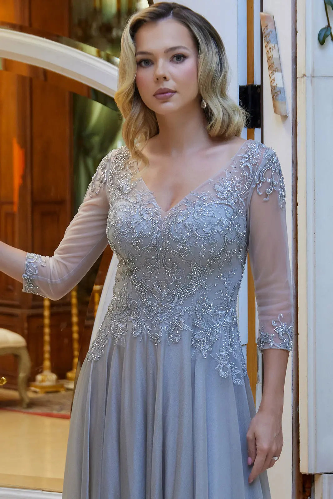 Embellished 3 4 Sleeve Illusion V Neck Mesh Bodice With Metallic Skirt Dress