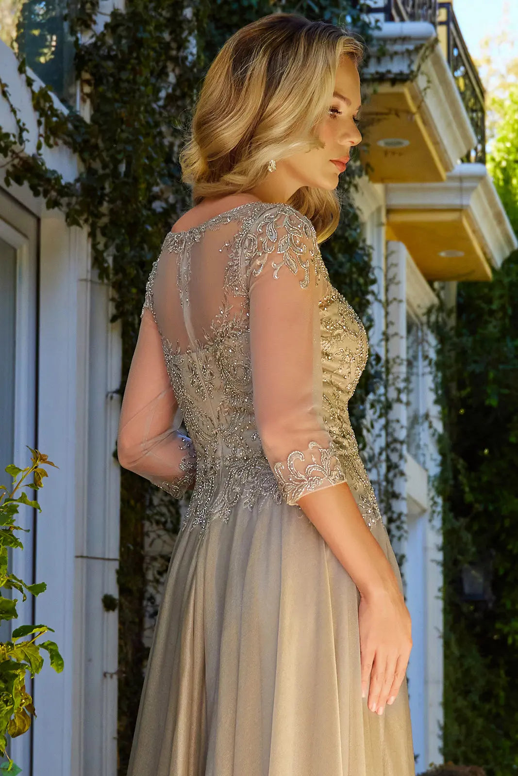Embellished 3 4 Sleeve Illusion V Neck Mesh Bodice With Metallic Skirt Dress