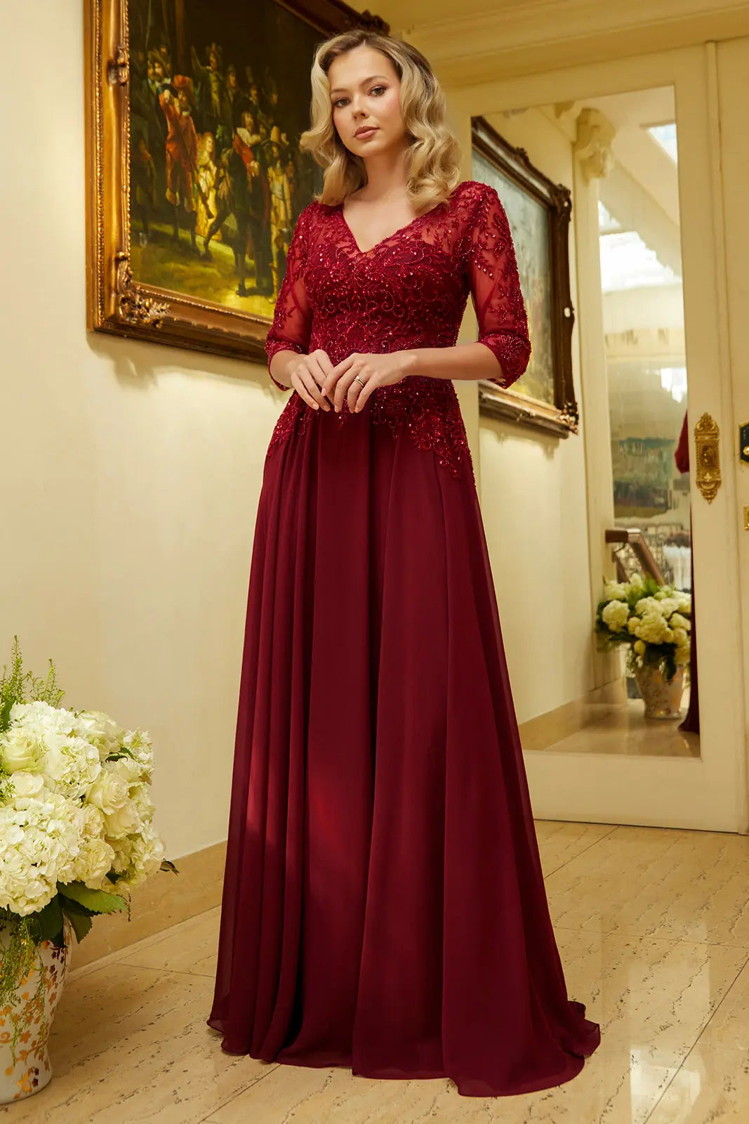Embroidery Bead Sequin Embellished 1 2 Sleeve Illusion V Neck Mesh Bodice With Chiffon Skirt Dress