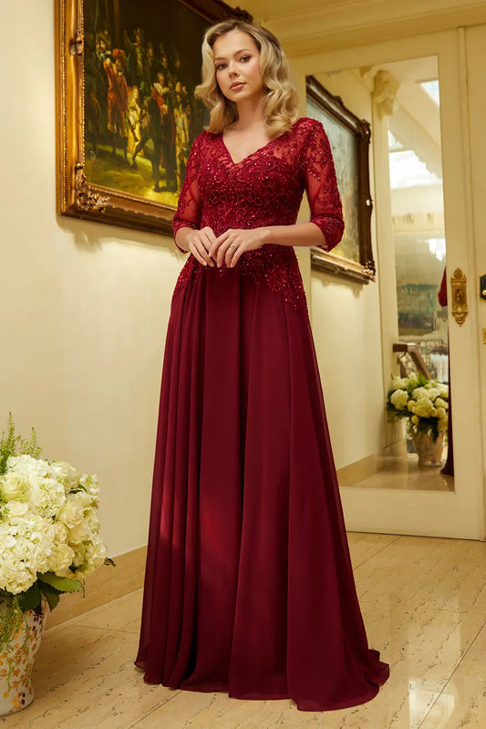 Embroidery Bead Sequin Embellished 1 2 Sleeve Illusion V Neck Mesh Bodice With Chiffon Skirt Dress