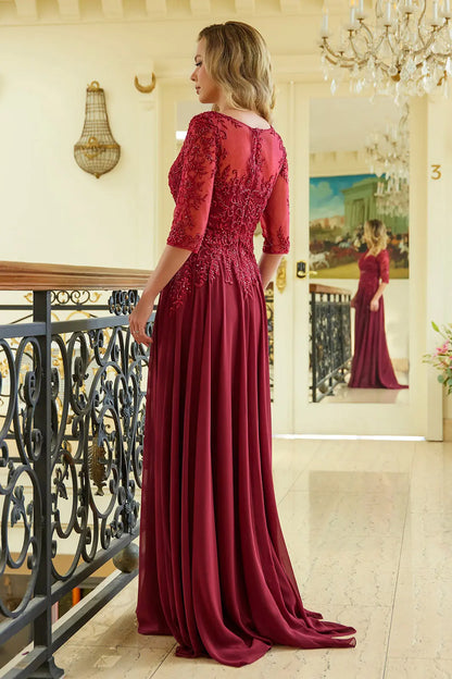 Embroidery Bead Sequin Embellished 1 2 Sleeve Illusion V Neck Mesh Bodice With Chiffon Skirt Dress