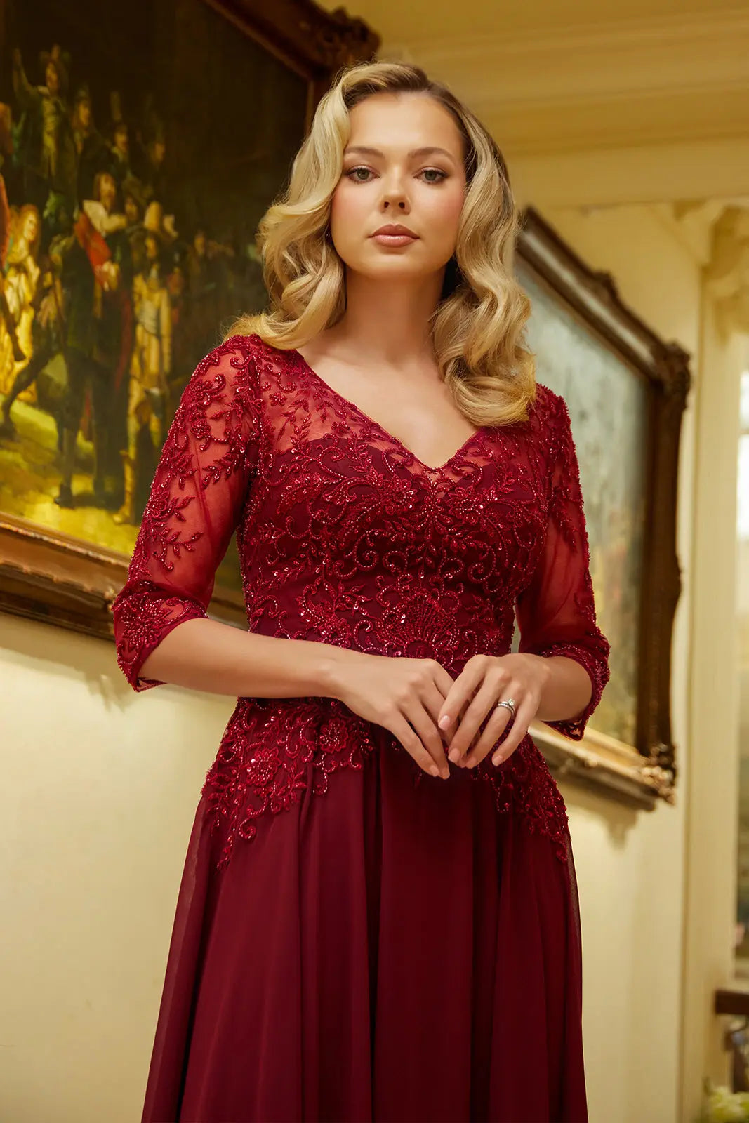 Embroidery Bead Sequin Embellished 1 2 Sleeve Illusion V Neck Mesh Bodice With Chiffon Skirt Dress