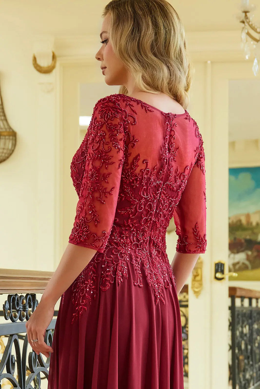 Embroidery Bead Sequin Embellished 1 2 Sleeve Illusion V Neck Mesh Bodice With Chiffon Skirt Dress