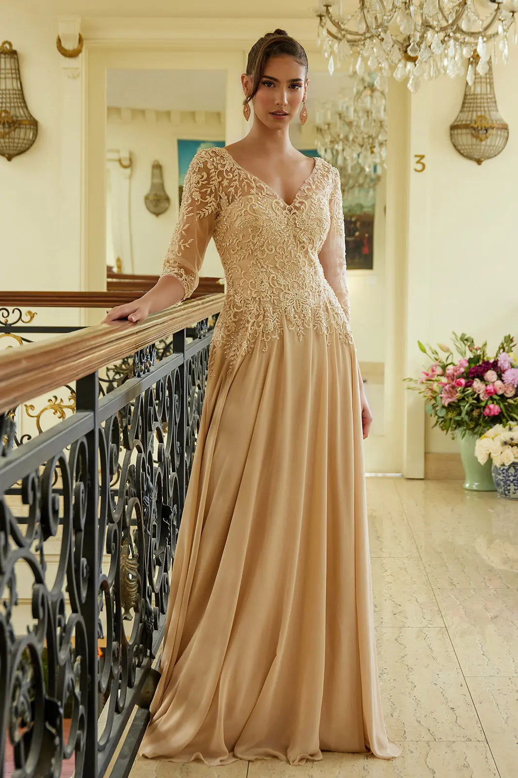 Embroidery Bead Sequin Embellished 1 2 Sleeve Illusion V Neck Mesh Bodice With Chiffon Skirt Dress