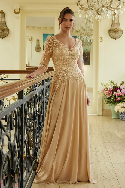 Embroidery Bead Sequin Embellished 1 2 Sleeve Illusion V Neck Mesh Bodice With Chiffon Skirt Dress