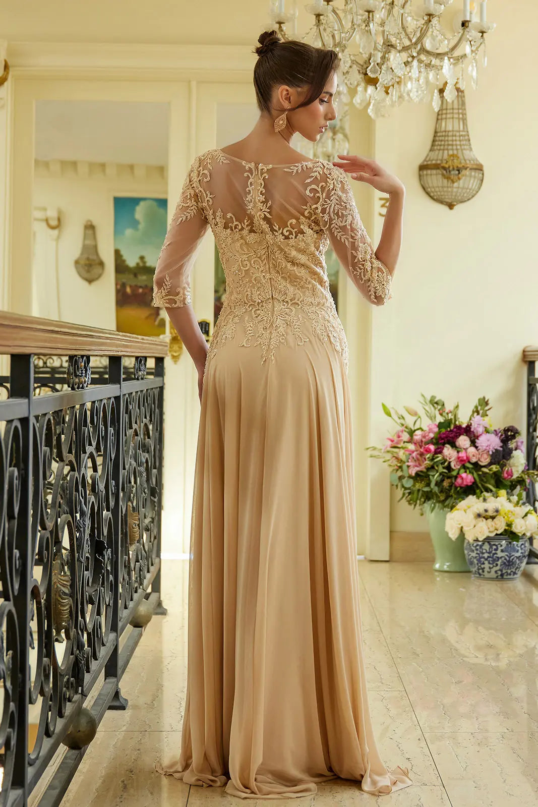 Embroidery Bead Sequin Embellished 1 2 Sleeve Illusion V Neck Mesh Bodice With Chiffon Skirt Dress