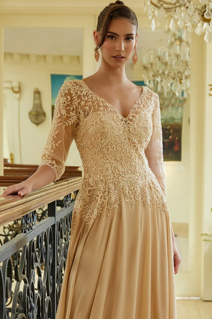 Embroidery Bead Sequin Embellished 1 2 Sleeve Illusion V Neck Mesh Bodice With Chiffon Skirt Dress