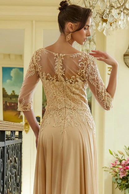 Embroidery Bead Sequin Embellished 1 2 Sleeve Illusion V Neck Mesh Bodice With Chiffon Skirt Dress