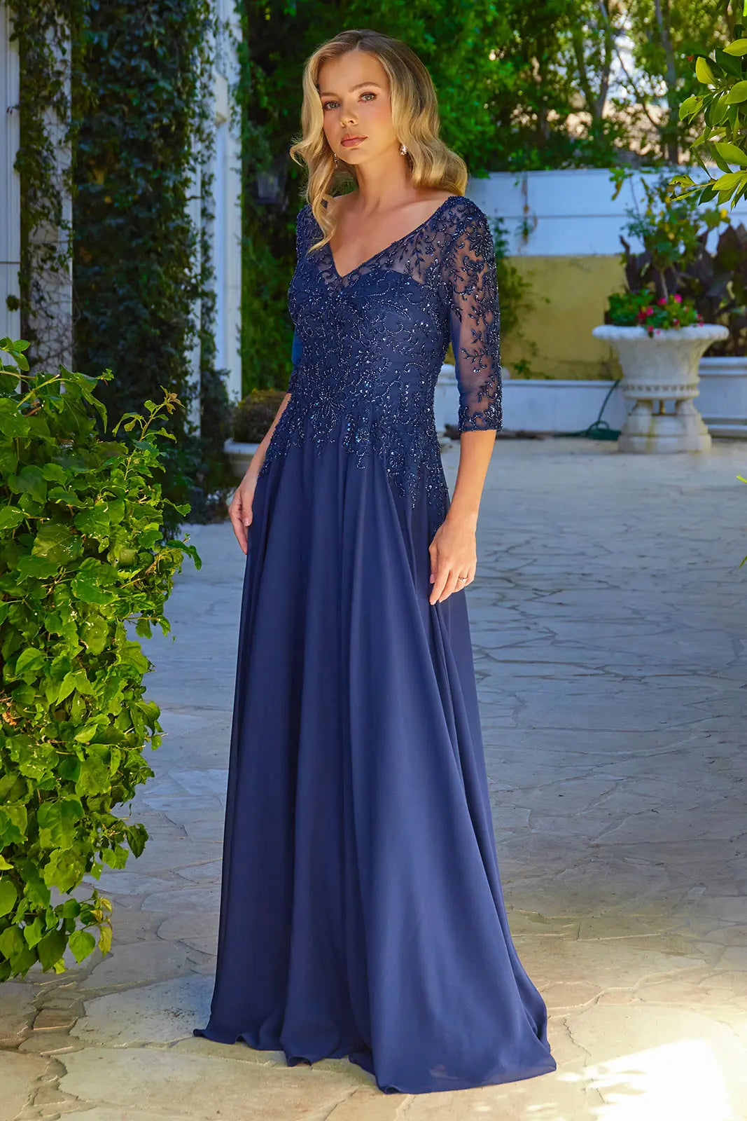 Embroidery Bead Sequin Embellished 1 2 Sleeve Illusion V Neck Mesh Bodice With Chiffon Skirt Dress